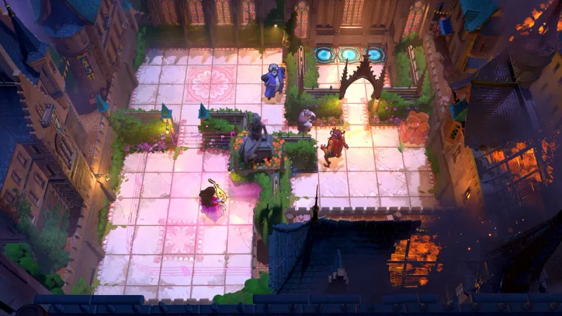 An overhead gameplay scene with two playable characters on a tiled courtyard and blue puzzle objects