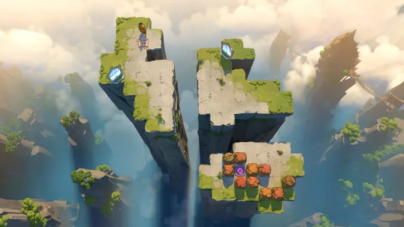 A top-down puzzle island suspended over clouds with colored blocks and a player character
