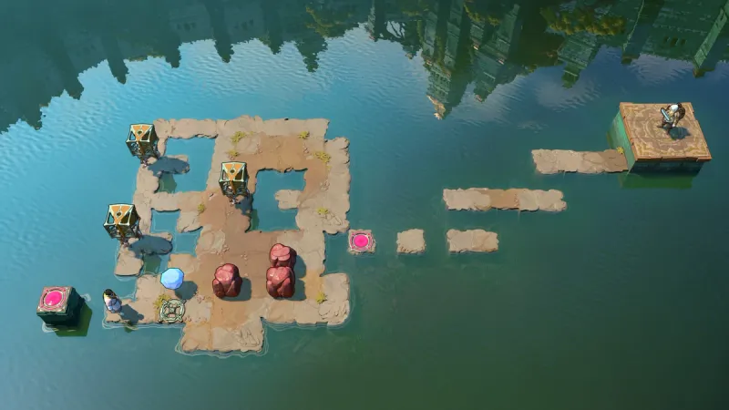 Order of the Sinking Star water puzzle with islands, stepping stones, and connected platforms