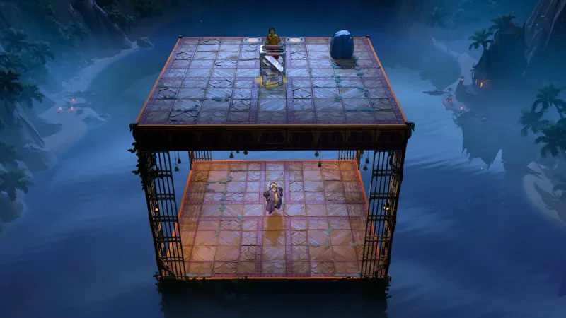 A character inside a raised square puzzle chamber with a violet-lit mechanism