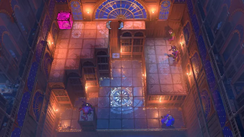 Order of the Sinking Star library puzzle room with a gridded floor and creatures