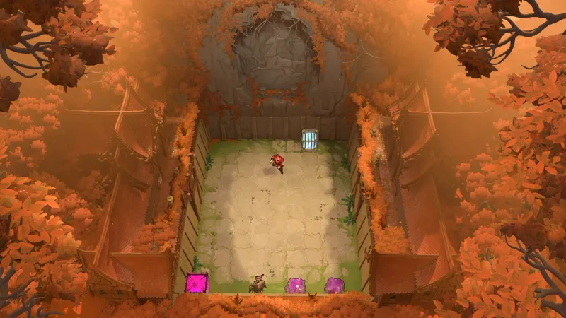 Order of the Sinking Star top-down puzzle courtyard with a red-clad hero, purple crystals, and a gate
