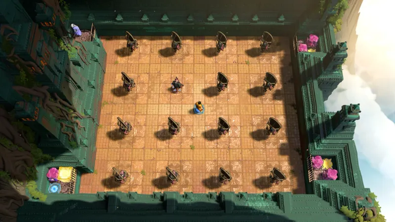 Order of the Sinking Star grid puzzle with a blue-clad character among rows of cart-like obstacles and colored crystals