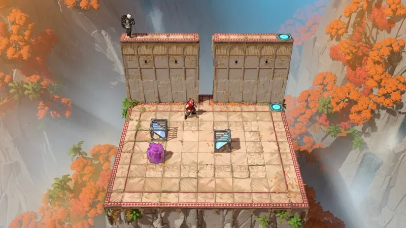 Order of the Sinking Star top-down puzzle on two raised platforms with teleport pads, crates, and a player character
