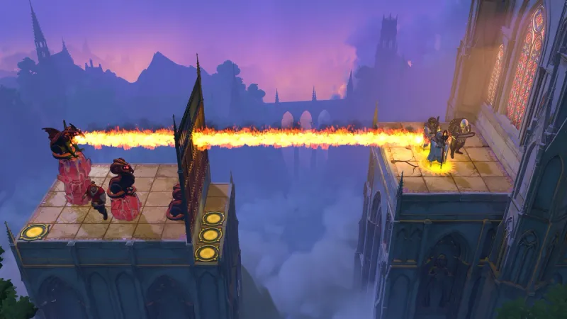 Order of the Sinking Star puzzle scene with a dragon projecting a beam across separated cathedral platforms
