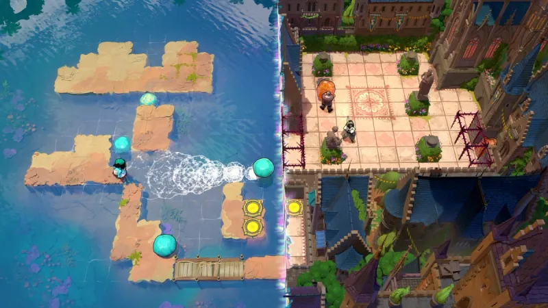 Split view of Order of the Sinking Star gameplay, showing water islands beside a tiled town courtyard.