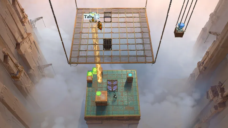 Order of the Sinking Star puzzle scene showing a Tab prompt above a suspended platform and green crystals