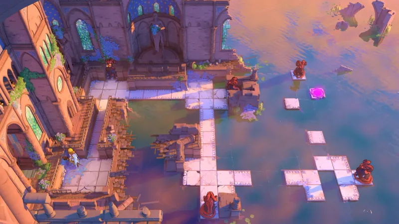 A colorful overhead puzzle area with characters and connected routes in Order of the Sinking Star
