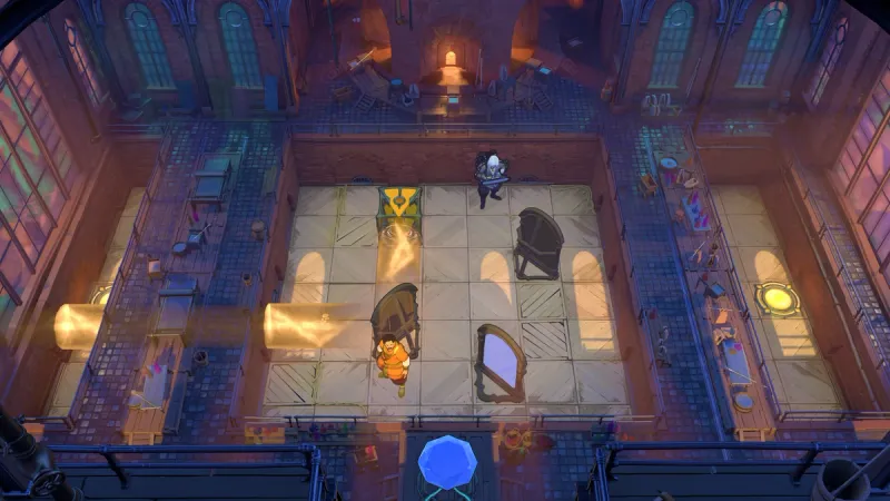 Order of the Sinking Star indoor mirror puzzle room with a character, mirror, and blue gem