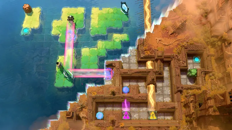 Colored beams and gem markers crossing a green island and an orange stone puzzle area